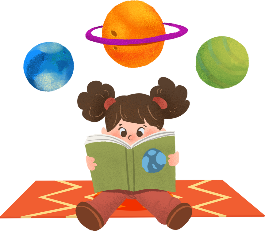 Child Reading a Book about Planets